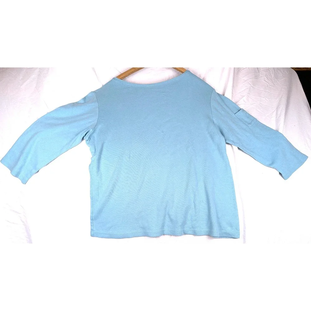 Coldwater Creek Womens L Light Blue Cotton Boat Neck 3/4 Sleeve Top Arm Pocket